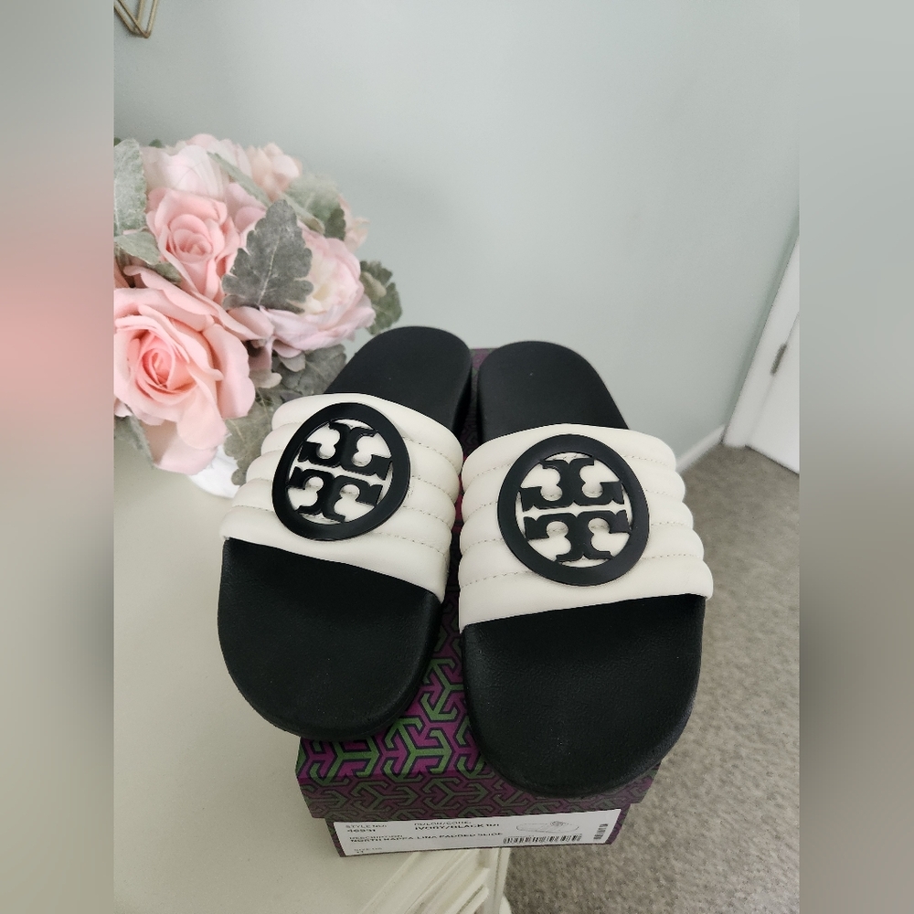 Tory Burch Black and Ivory Slides